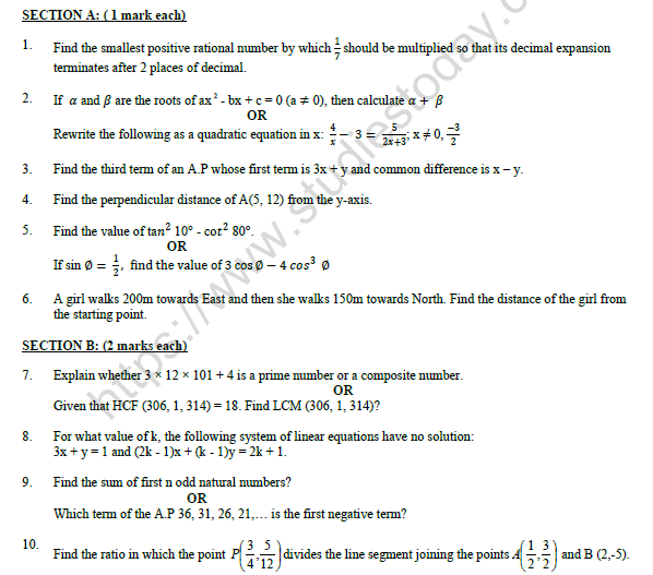 CBSE Class 10 Mathematics Sample Paper 2022 Set A